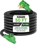 50 Amp 50 Foot RV/EV Extension Cord, NEMA 14-50P/R Heavy Duty Extension Cord with LED Power Indicator and Cord Organizer, Green, ETL Listed