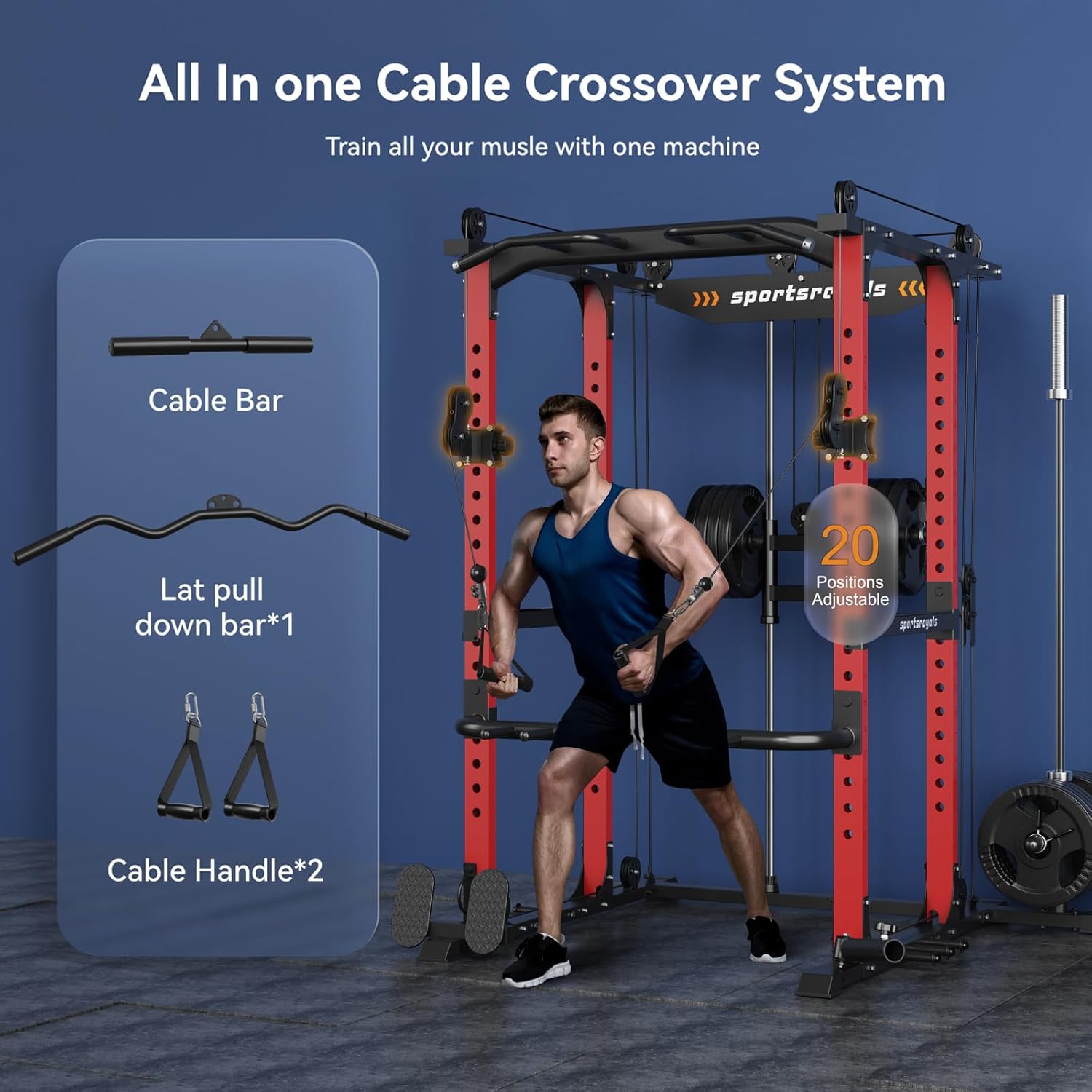 Sportsroyals Power Cage,1600lbs Multi-Function Power Rack with Adjustable Cable Crossover System and More Training Attachment, Weight Cage for Home Gym
