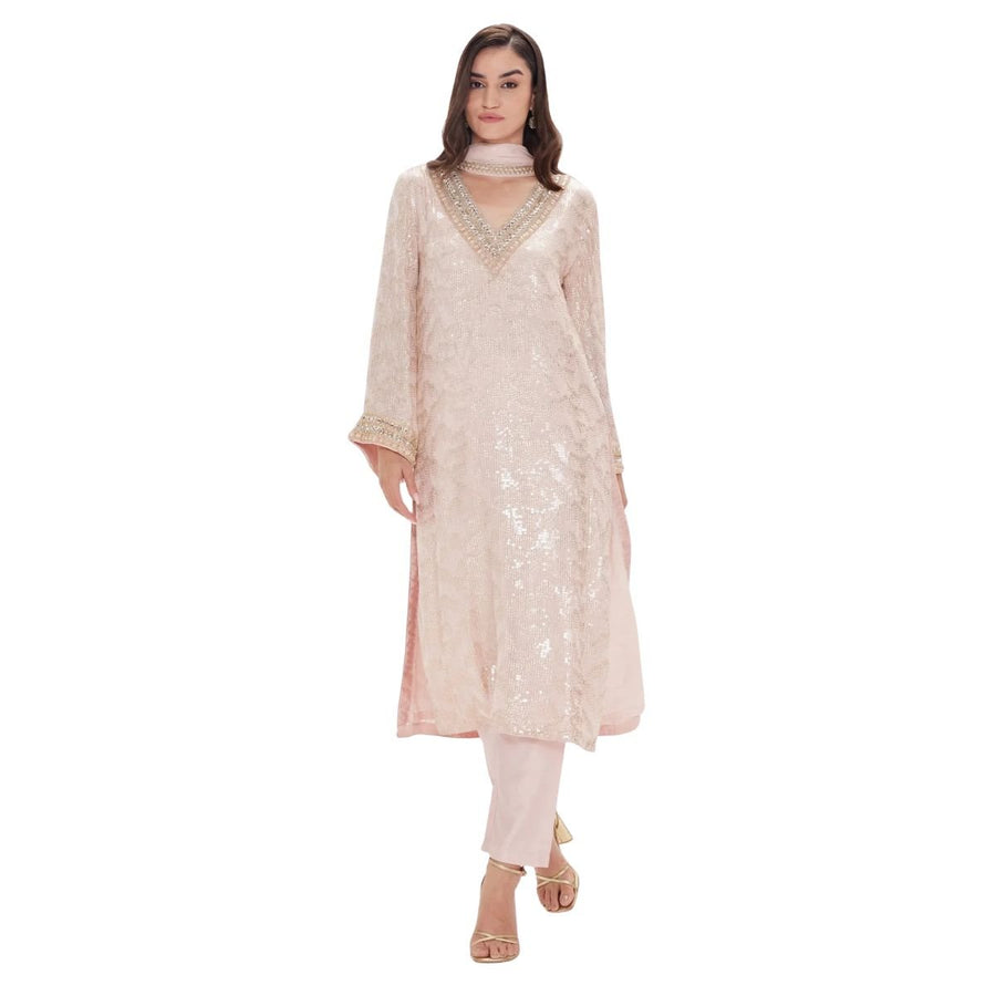 Women’s Blush Pink Sequin Kurta Set with Straight Pants – 3 Piece Suit
