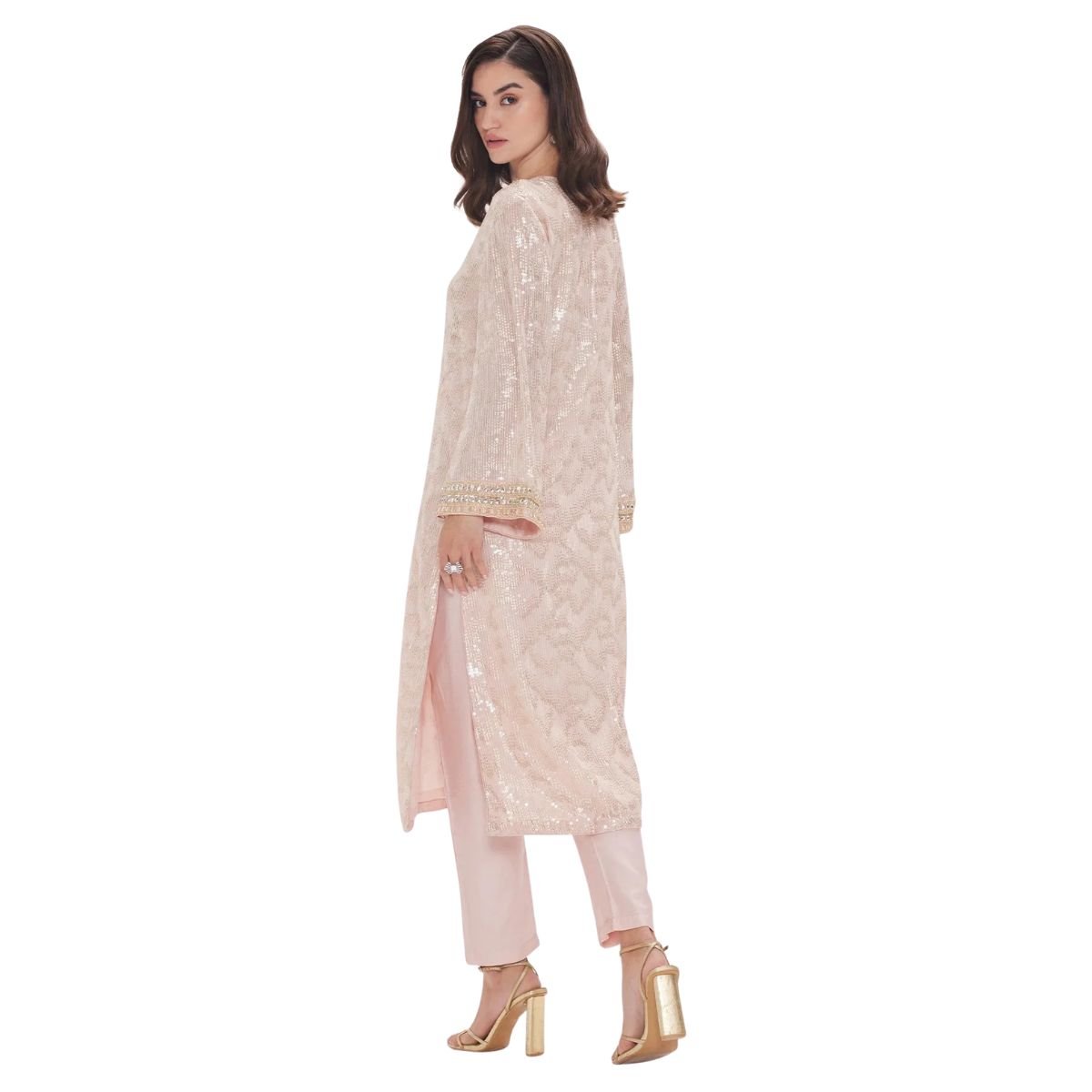 Women’s Blush Pink Sequin Kurta Set with Straight Pants – 3 Piece Suit