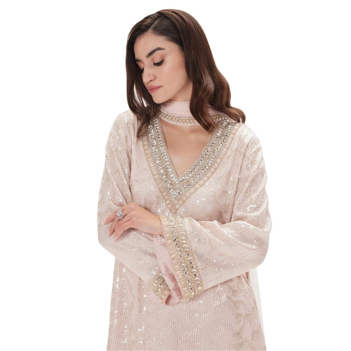 Women’s Blush Pink Sequin Kurta Set with Straight Pants – 3 Piece Suit