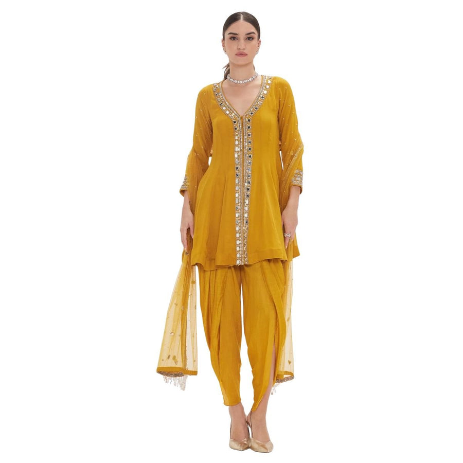 Women’s Mustard Yellow Mirror Work Dhoti Salwar Kameez Set