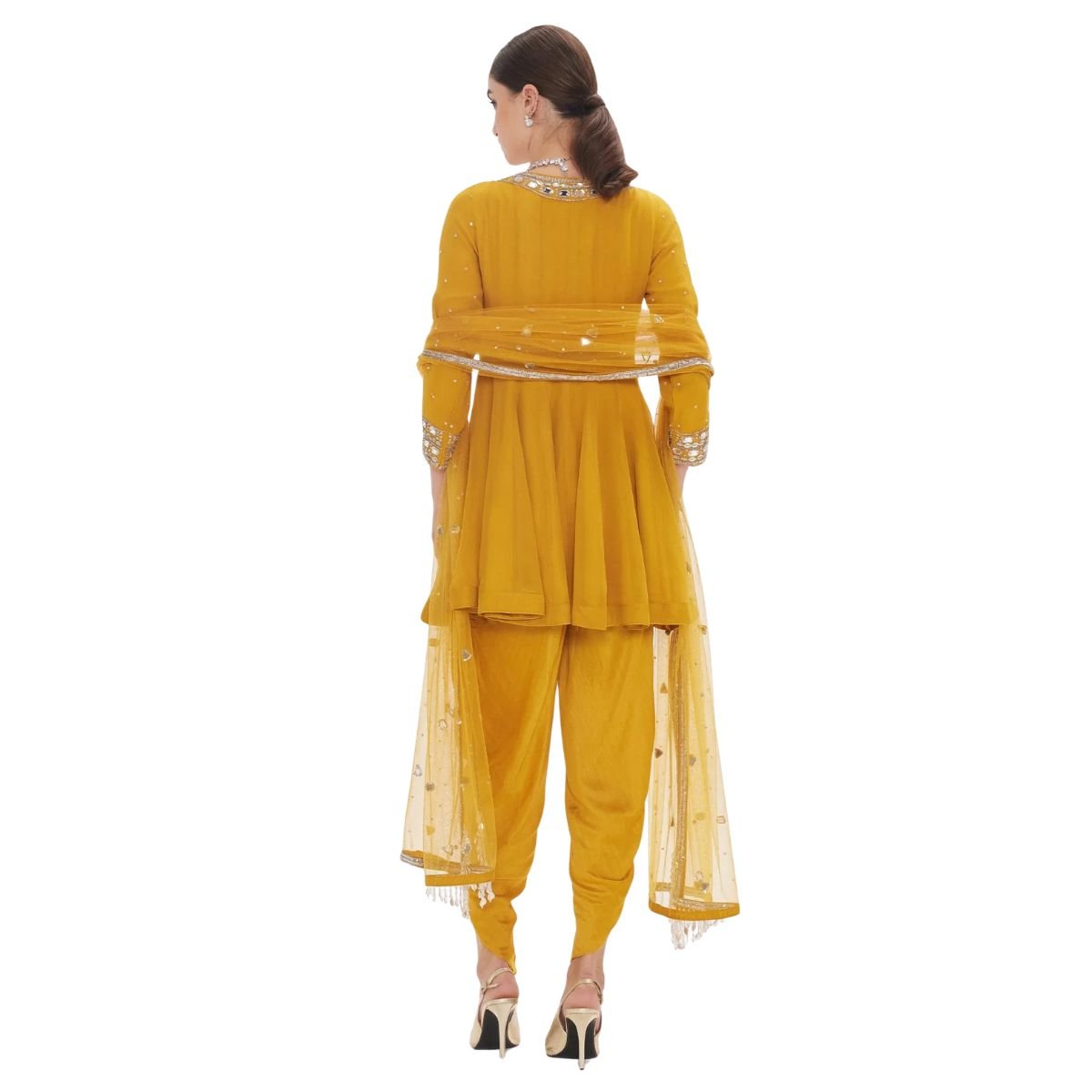 Women’s Mustard Yellow Mirror Work Dhoti Salwar Kameez Set