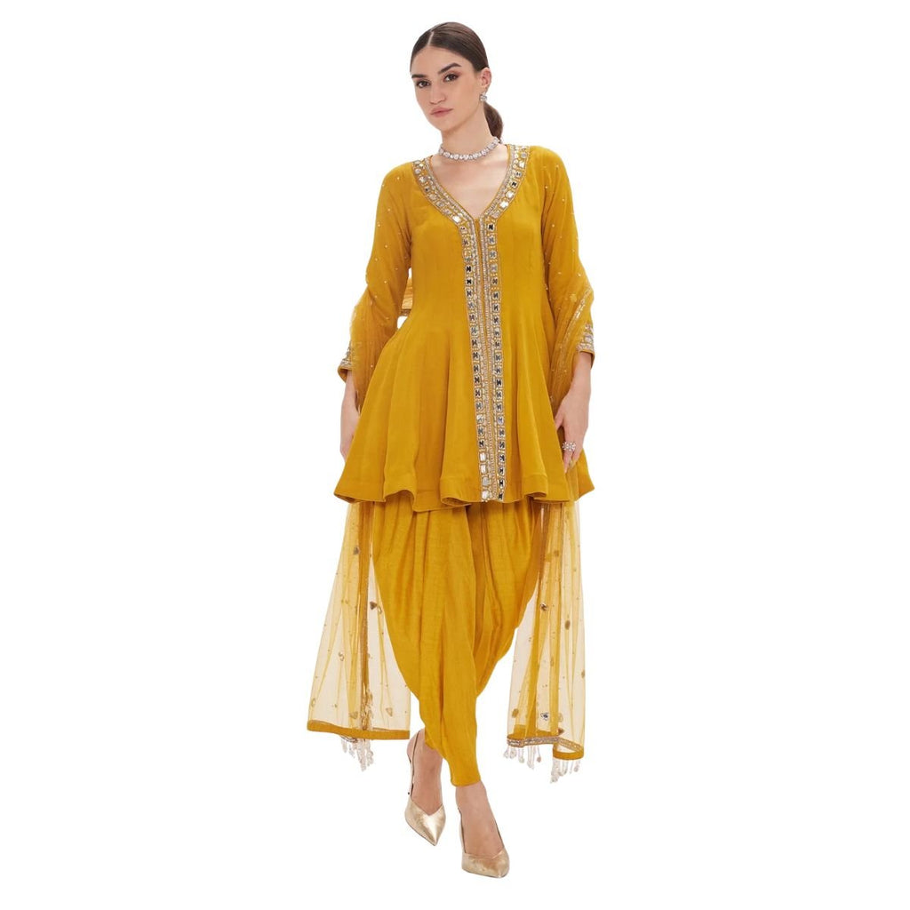 Women’s Mustard Yellow Mirror Work Dhoti Salwar Kameez Set
