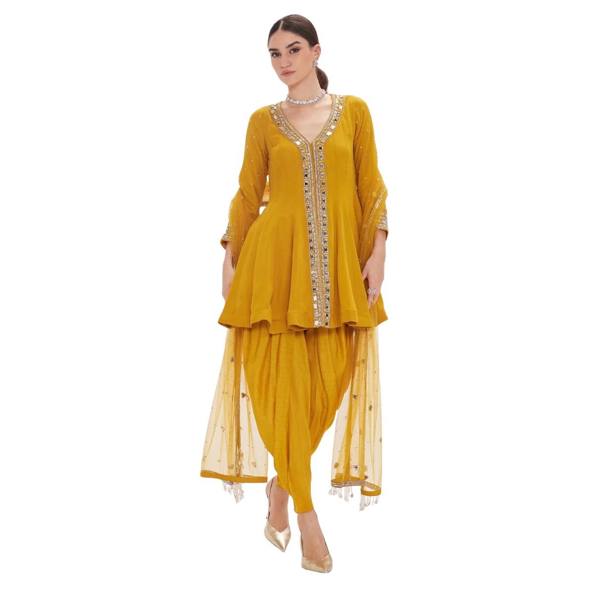 Women’s Mustard Yellow Mirror Work Dhoti Salwar Kameez Set