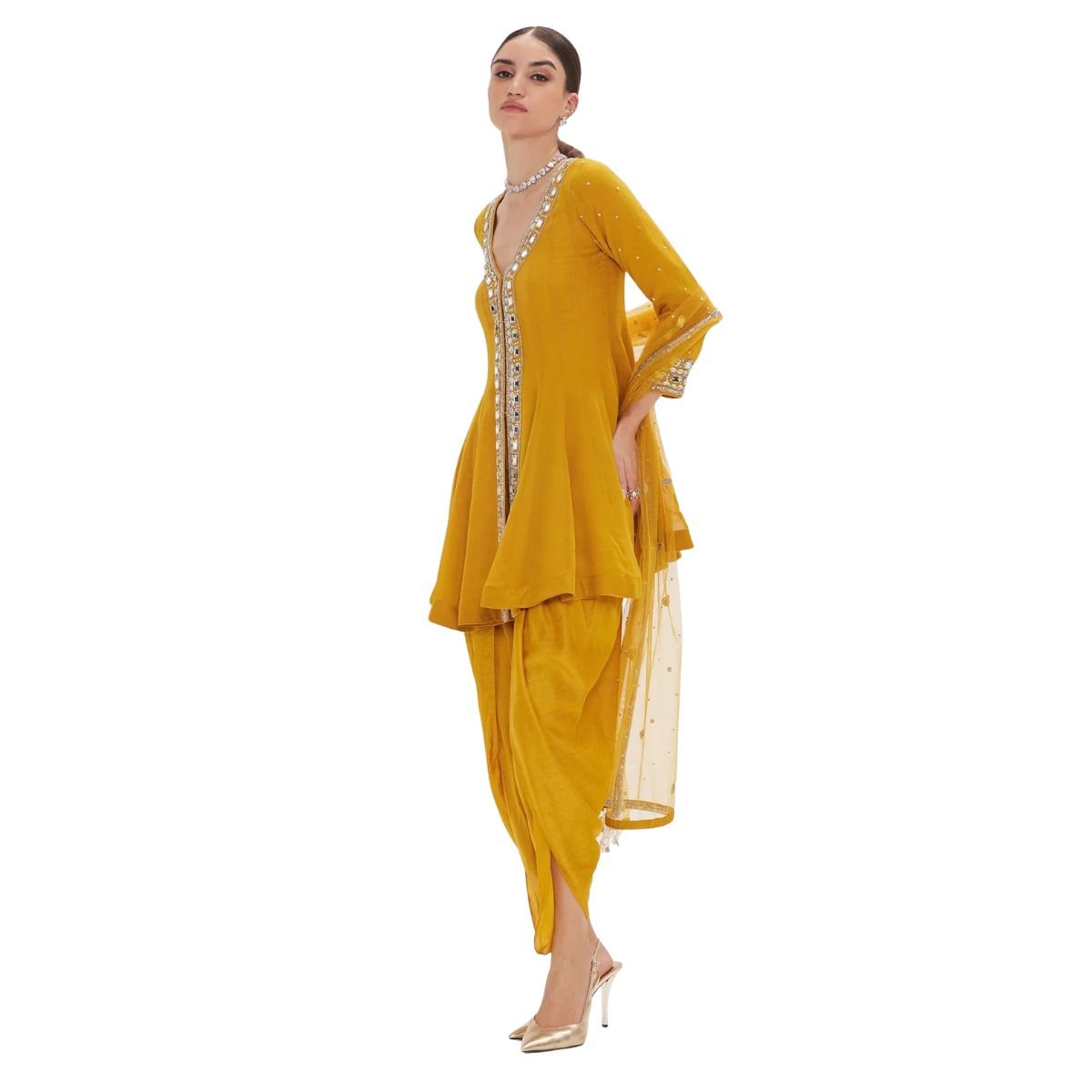 Women’s Mustard Yellow Mirror Work Dhoti Salwar Kameez Set