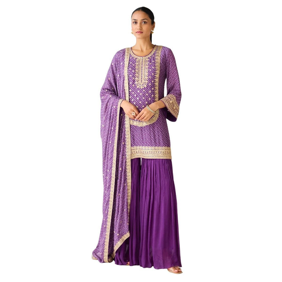 Women’s Purple Gold Embroidered Kurti Sharara Set – 3 Piece Ethnic Wear