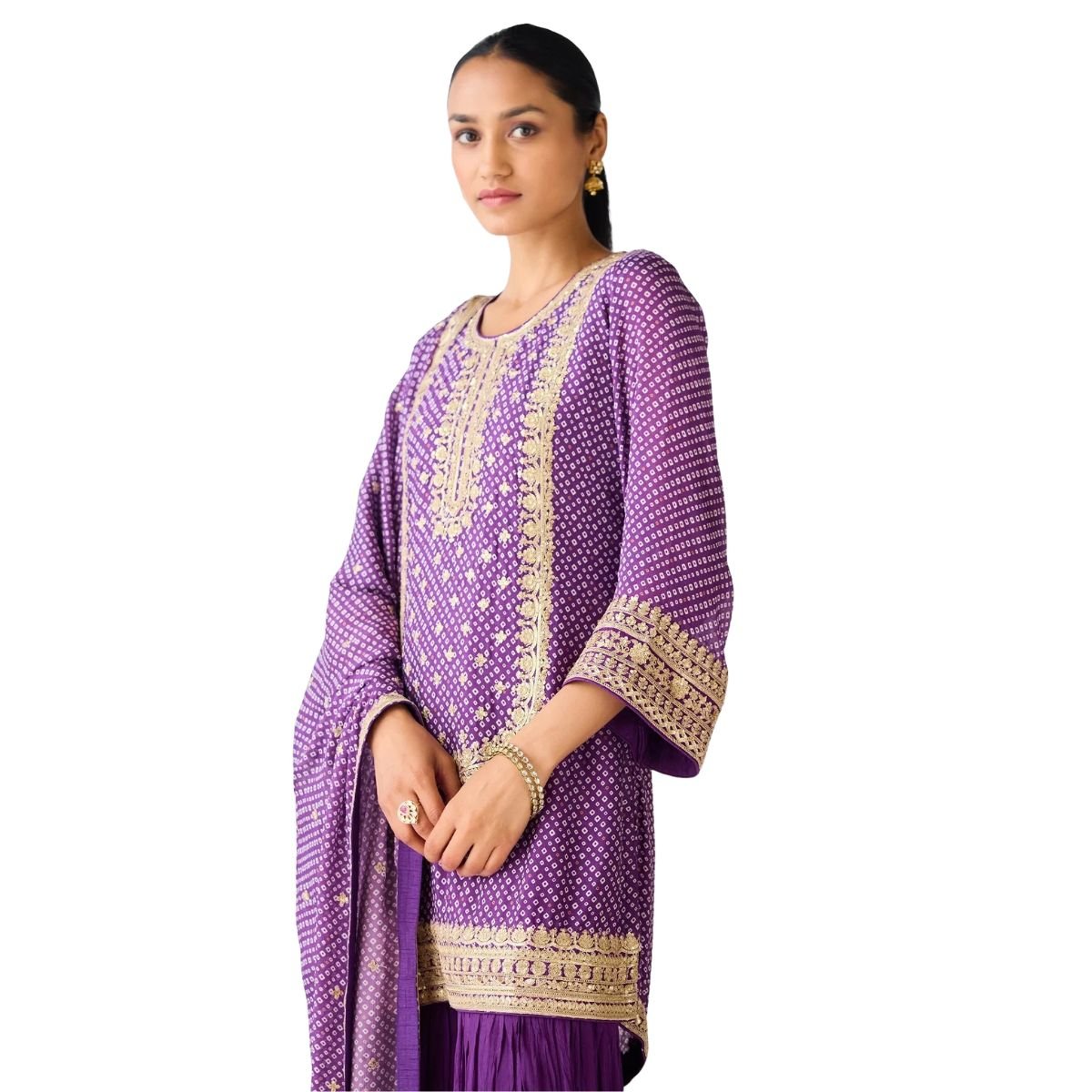 Women’s Purple Gold Embroidered Kurti Sharara Set – 3 Piece Ethnic Wear