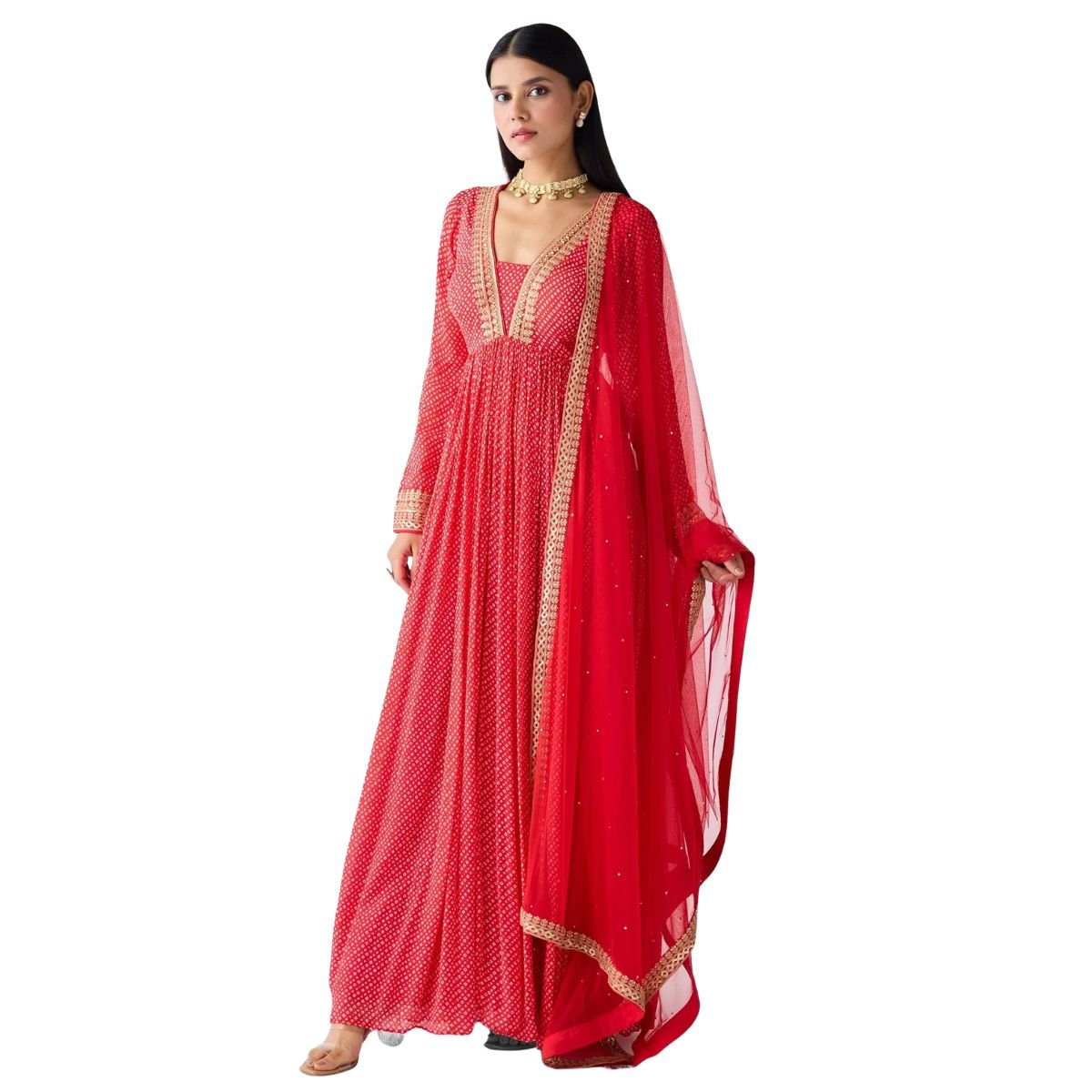 Women’s Red Embroidered Anarkali Gown with Dupatta – Ethnic Party Wear
