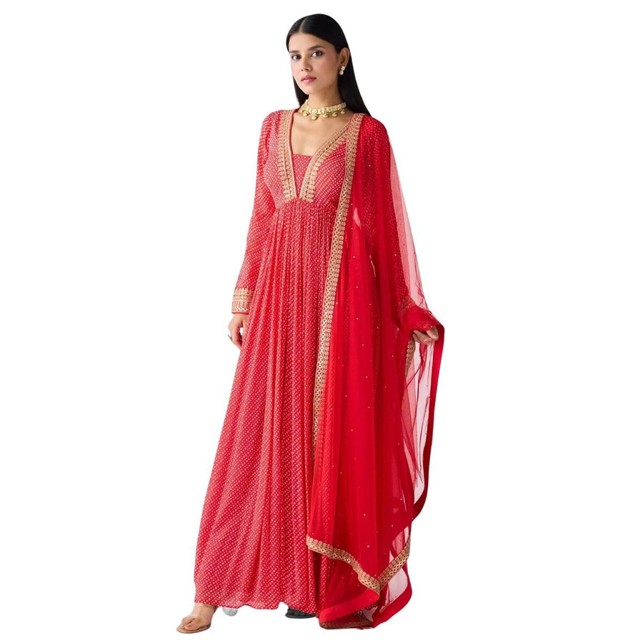 Women’s Red Embroidered Anarkali Gown with Dupatta – Ethnic Party Wear