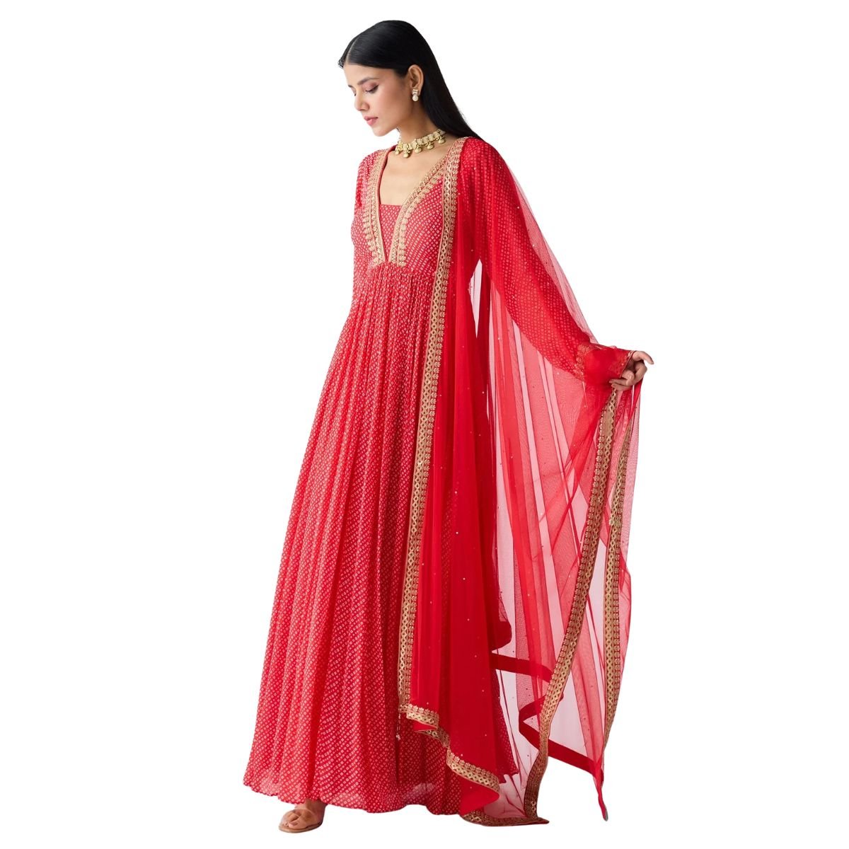 Women’s Red Embroidered Anarkali Gown with Dupatta – Ethnic Party Wear