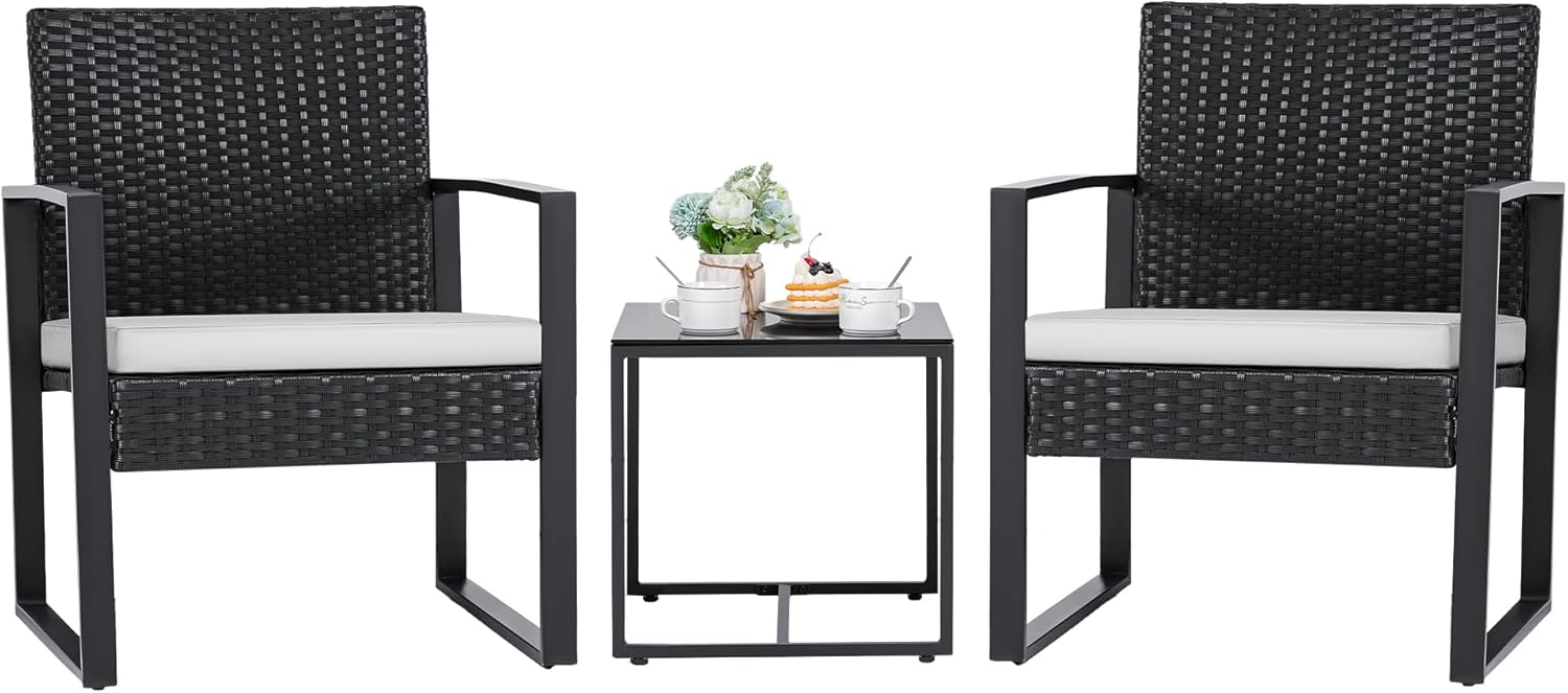 3 Pieces Patio Set Outdoor Wicker Furniture Sets Modern Rattan Chair Conversation Sets with Coffee Table for Yard and Bistro (Black)