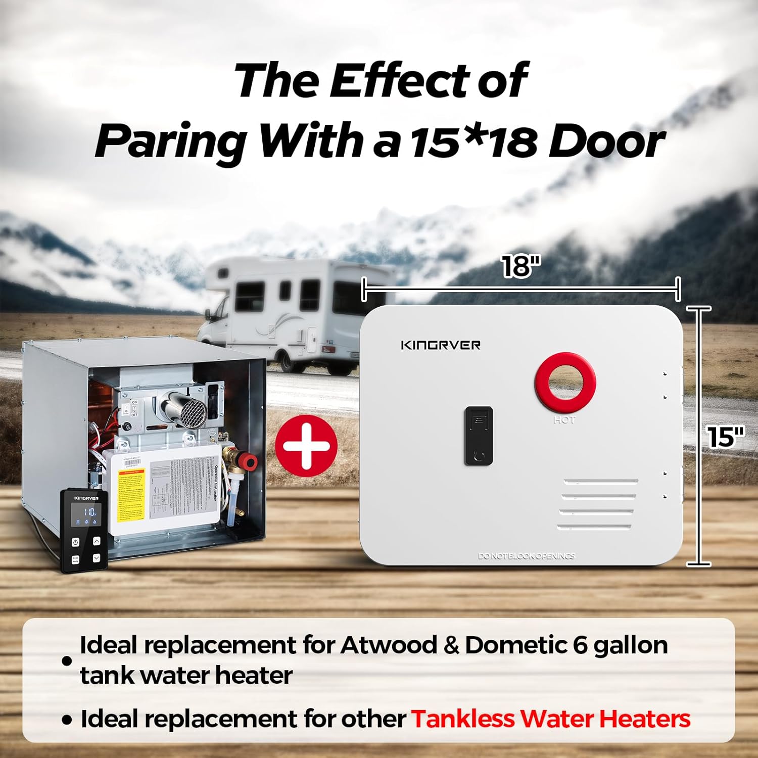 RV Tankless Water Heater without Door, , Propane Gas, DC 12V, 3 Optional Door Sizes 15"x15", 15"x18" and 18"x18" for Refitment, Compatible with All RVs, Sufficient Power, High Altitude