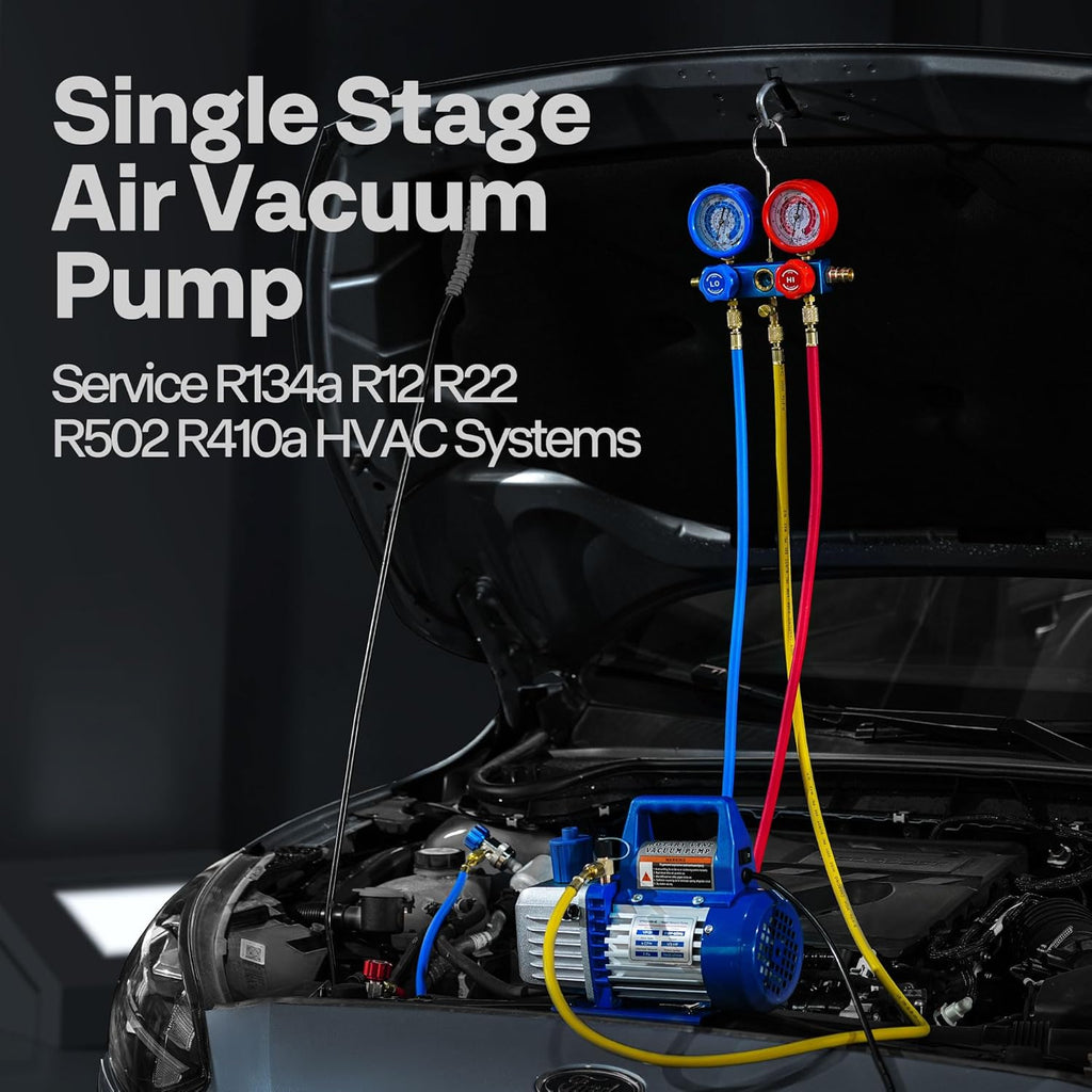 110V 1/4 HP 3.5CFM Single Stage Rotary Vane Air Vacuum Pump and AC Manifold Gauge Set Kit with Thermometer for R134a R12 R22 R502 R410a HVAC Air Conditioning Refrigeration Recharging Red