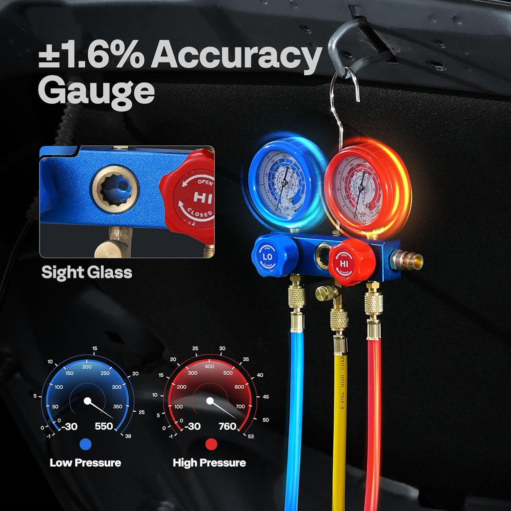 110V 1/4 HP 3.5CFM Single Stage Rotary Vane Air Vacuum Pump and AC Manifold Gauge Set Kit with Thermometer for R134a R12 R22 R502 R410a HVAC Air Conditioning Refrigeration Recharging Red